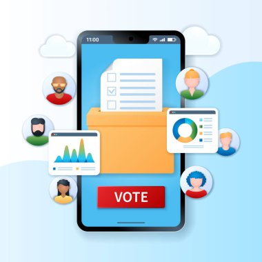 Online voting banner. Smartphone with people and ballot box icons on the screen. Electronic voting system for public projects, government rules and election. Web vector illustration in 3D style