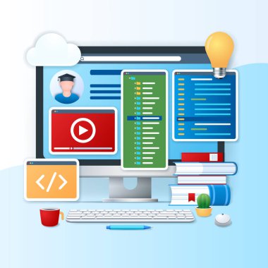 Programming courses banner. Computer with coding symbols and programming windows icons on the screen. Education concept. Web vector illustration in 3D style