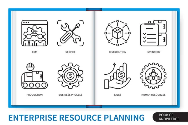 Enterprise Resource Planning Erp インフォグラフィック要素が設定されています Crm サービス ビジネスプロセス Webベクトル線形アイコンコレクション — ストックベクタ