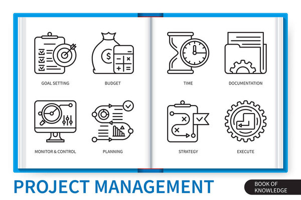 Conjunto Elementos Infografía Gestión Proyectos Configuración Metas Planificación Monitoreo Control — Vector de stock