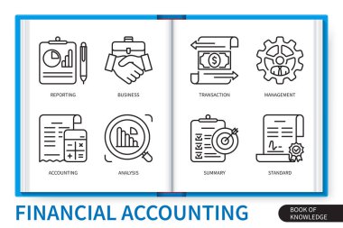Finansal muhasebe bilgi elemanları ayarlandı. Muhasebe, işlem, raporlama, iş, analiz, yönetim, standart, özet. Web vektörü doğrusal simge koleksiyonu