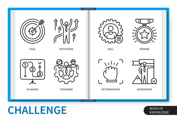 Herausforderung Infografik Elemente Gesetzt Ziel Motivation Planung Entschlossenheit Teamarbeit Fähigkeiten — Stockvektor