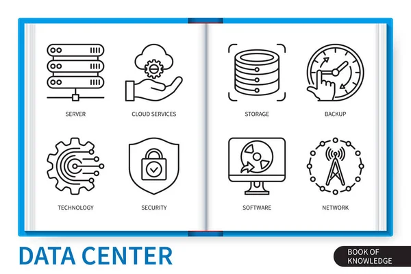 Datenzentrum Infografik Elemente Gesetzt Server Speicher Cloud Dienste Sicherheit Backup — Stockvektor