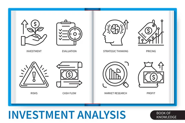 Investeringsinfografik Element Som Utvärdering Investering Strategiskt Tänkande Marknadsundersökning Kassaflöde Kursrörelser — Stock vektor
