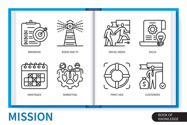 Zestaw Elementów Infograficznych Misji Cele Projekt Praca Zespołowa Pomoc Wizja — Wektor stockowy