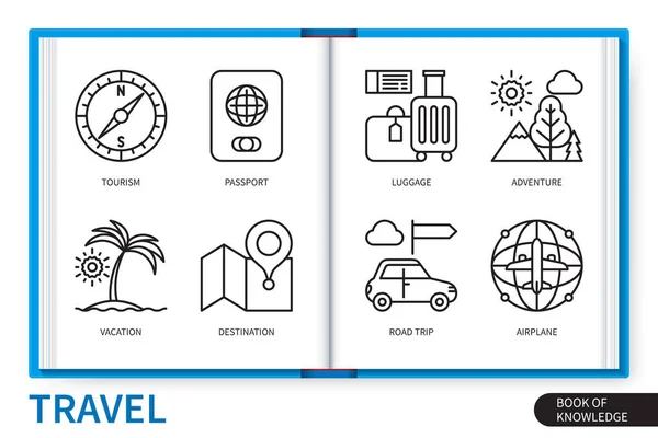 Conjunto Elementos Infografías Viaje Vacaciones Pasaporte Destino Equipaje Avión Aventura — Archivo Imágenes Vectoriales