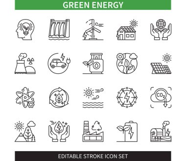Düzenlenebilir çizgi Yeşil Enerji Taslak simgesi seti. Nükleer enerji santrali, güneş enerjisi, rüzgar türbini, pil, biyogaz, jeotermal enerji. Düzenlenebilir vuruş simgeleri EPS
