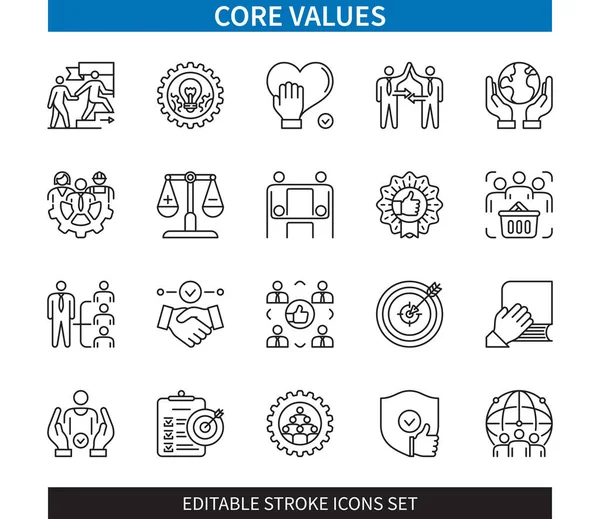 Linea Modificabile Set Icone Con Contorno Valori Core Società Lavoro — Vettoriale Stock