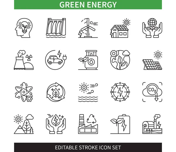 Szerkeszthető Vonal Zöld Energia Körvonalazott Ikonkészlet Atomerőmű Napenergia Szélturbina Akkumulátor — Stock Vector