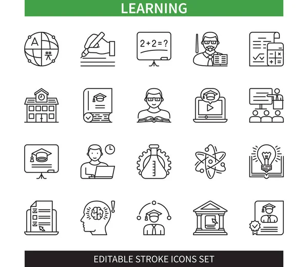 Editable Line Learning Outline Icon Set School Lesson Knowledge Library — Stock Vector