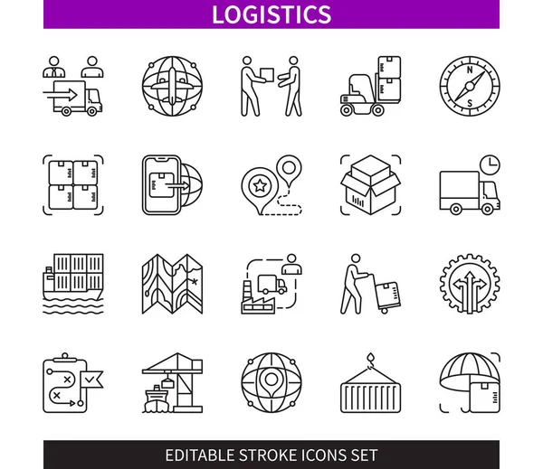 Editable Line Logistics Outline Icon Set 포크리프트 불완전 뇌졸중 아이콘 — 스톡 벡터