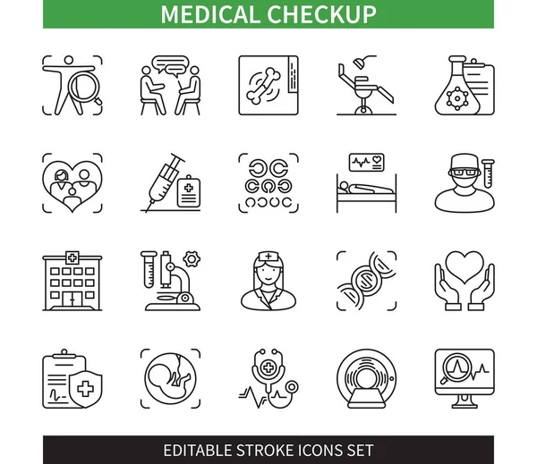 Línea Editable Conjunto Iconos Esquema Chequeo Médico Diagnóstico Examen Atención — Vector de stock