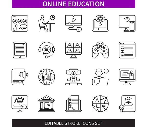 Editable Line Online Education Outline Icon Set Learning Video Lessons — Stock Vector