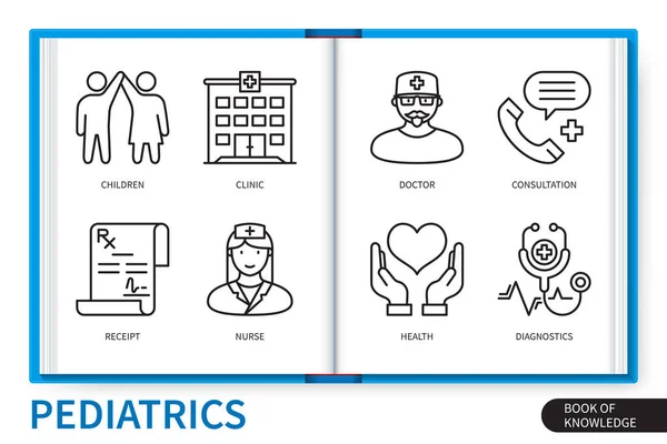 Infografické Prvky Pediatrie Nastaveny Děti Klinika Lékař Diagnostika Zdravotní Sestra — Stockový vektor