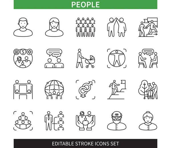 Editierbare Zeile Menschen Skizzieren Symbolsatz Mensch Mann Frau Menschenmenge Senioren — Stockvektor