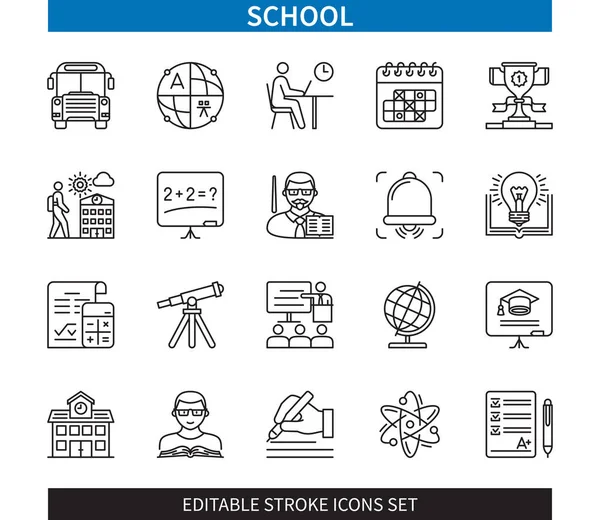 Editable Line School Outline Icon Set School Bus Lesson Teacher — Stock Vector