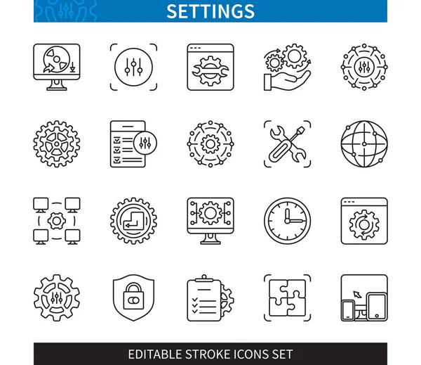 Editable Line Settings Outline Icon Set 시스템 소프트웨어 불완전 뇌졸중 — 스톡 벡터