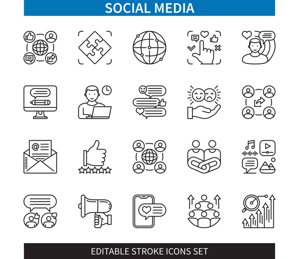 Línea Editable Conjunto Iconos Esquema Redes Sociales Igual Que Blogging — Vector de stock