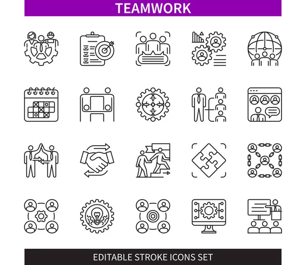 Editable Line Teamwork Outline Icon Set 네트워크 리더십 불완전 뇌졸중 — 스톡 벡터