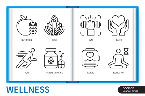 Wellness Set Elemente Infografice Nutriție Cardio Medicină Bază Plante Recreere — Vector de stoc