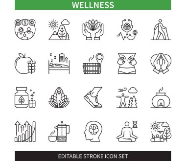 Düzenlenebilir Wellness ana hatları simgesi seti. Sağlık, Masaj, Beslenme, Koşu, Aromaterapi, Refah, Yoga, Sauna. Düzenlenebilir vuruş simgeleri EPS