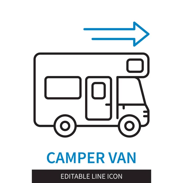 Editable Line Camper Van Outline Icon Travel Car Road Adventure — Stock Vector