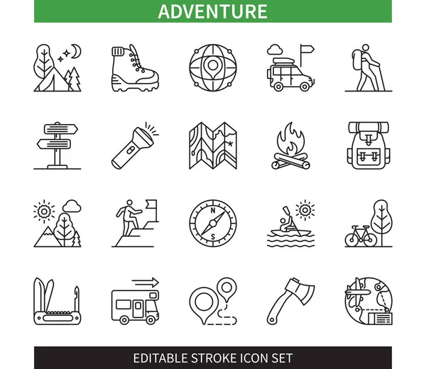 Aanpasbare Lijn Adventure Outline Icoon Set Kampvuur Kaart Camper Van — Stockvector