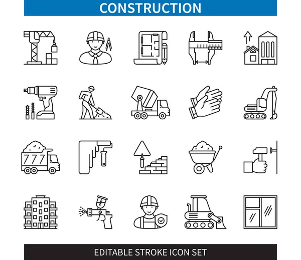 Editable Line Construction Outline Icon Set Crane Bulldozer Concrete Mixer — Stock Vector