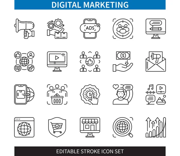Editable Line Digital Marketing Outline Icon Set Planning Viral Seo — Stock Vector