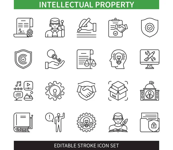 Linea Modificabile Set Icone Con Contorno Proprietà Intellettuale Idea Diritto — Vettoriale Stock