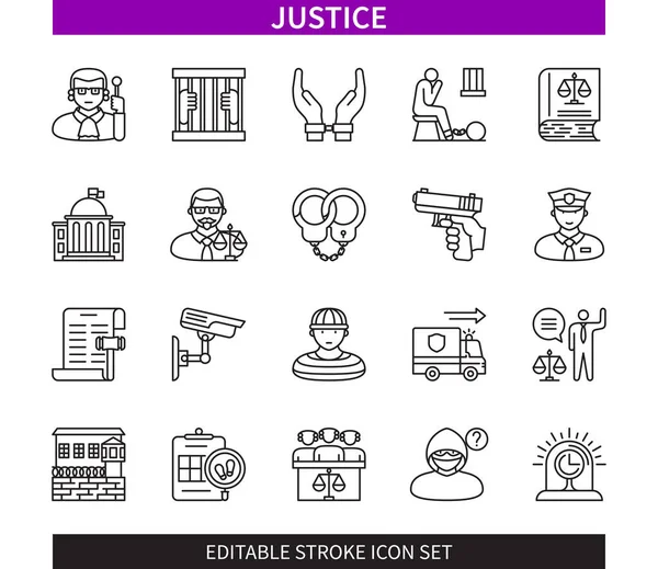 Editable Line Justice Outline Icon Set 변호사 교도소 불완전 뇌졸중 — 스톡 벡터