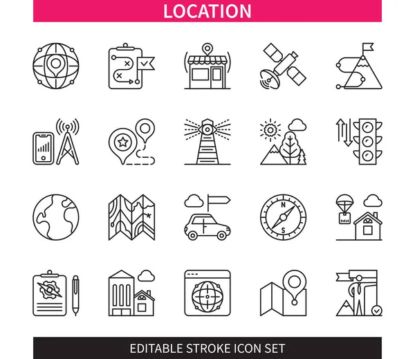 Línea Editable Conjunto Iconos Esquema Ubicación Mapa Puntero Ruta Visión — Archivo Imágenes Vectoriales