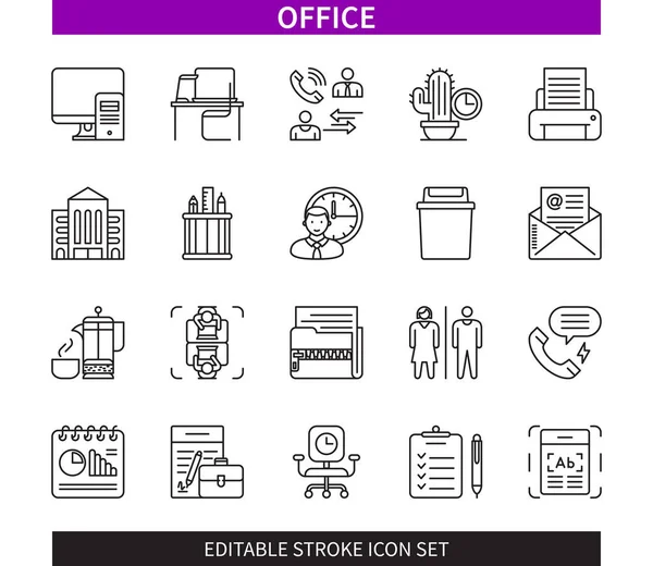 Linea Modificabile Set Icone Contorno Ufficio Computer Scrivania Ufficio Stampante — Vettoriale Stock