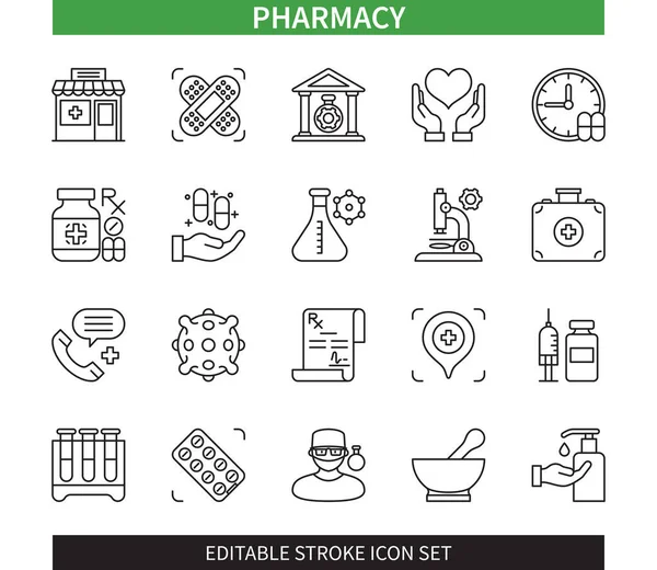 Editable Line Pharmacy Outline Icon Set Consulting Bandage Prescription Medicine — Stock Vector