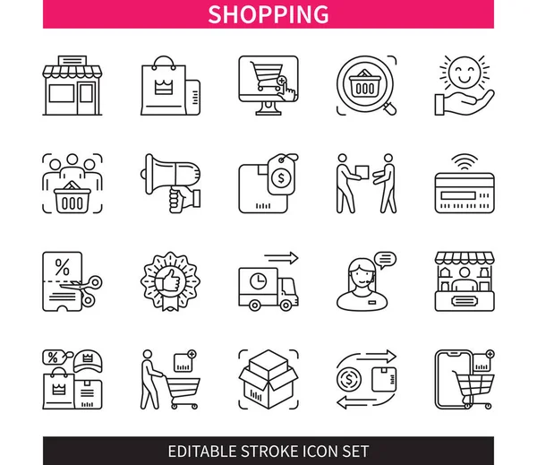 Redigerbar Linje Shopping Kontur Ikon Set Marknadsföring Kupong Leverans Call — Stock vektor