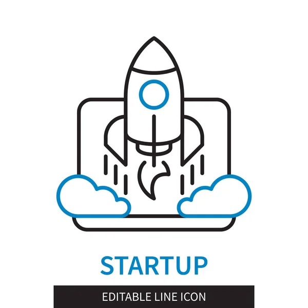 Szerkeszthető Vonal Startup Vázlat Ikon Rakéta Felszáll Egy Laptop Hátterére — Stock Vector