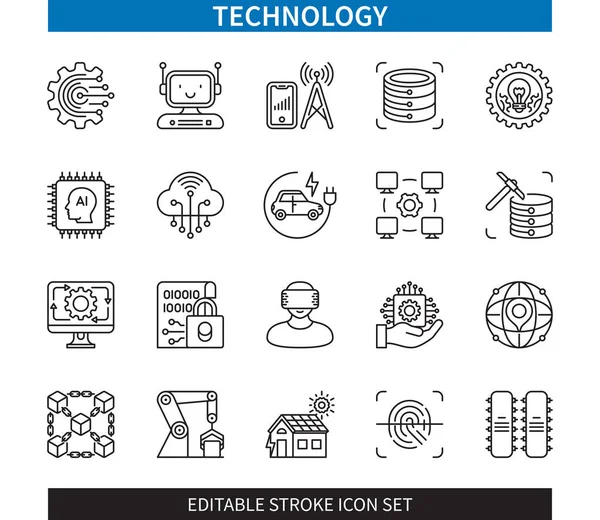 Editable Line Technology Outline Icon Set 인공지능 데이터 마이닝 스마트 — 스톡 벡터