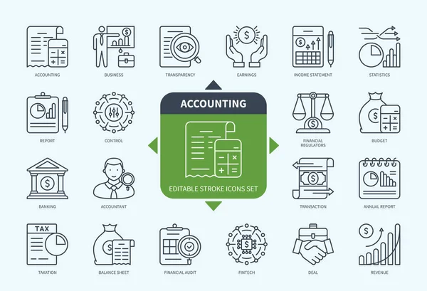 Editable Line Accounting Outline Icon Set Income Statement Statistics Transaction — Stock Vector