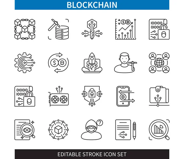 Editable Line Blockchain Outline Icon Set Digital Key Cyber Security — 스톡 벡터