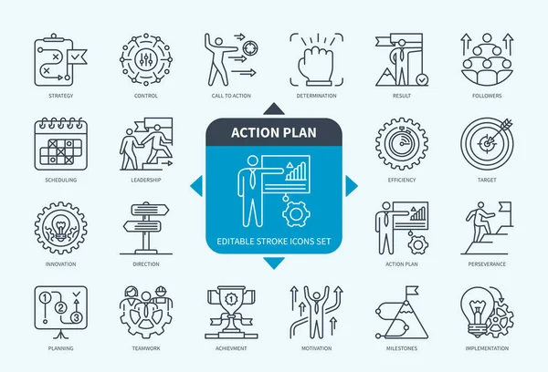 Editable Line Action Plan Outline Icon Set 리더십 팀워크 동기화 — 스톡 벡터