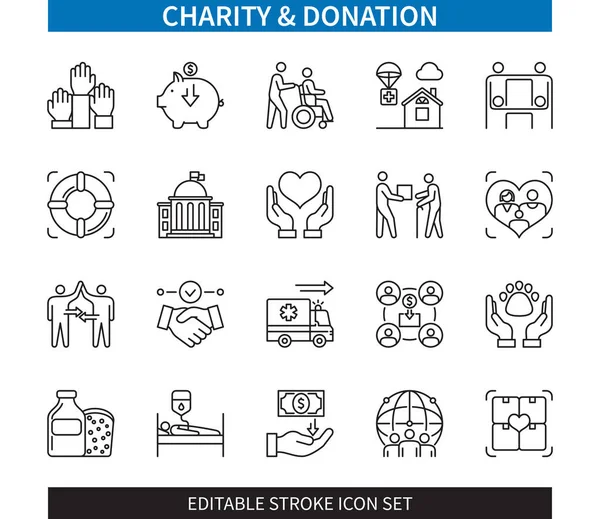 Editable Line Charity Donation Outline Icon Set Communication Blood Donation — Stock Vector