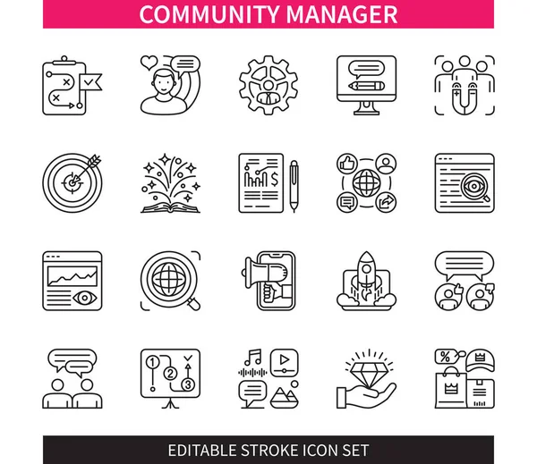 Linha Editável Community Manager Esboço Ícone Definido Social Media Influenciador —  Vetores de Stock