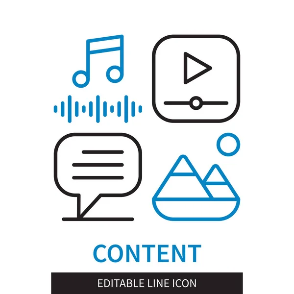 Línea Editable Icono Contorno Contenido Música Vídeo Comentario Símbolos Imagen — Vector de stock