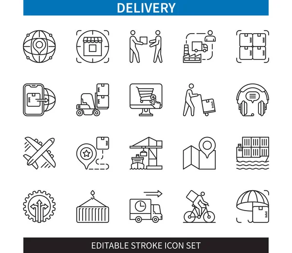 Editable Line Delivery Outline Icon Set Sea Port Cargo Supply — 스톡 벡터