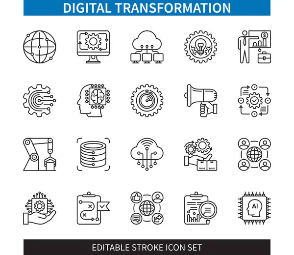 Bewerkbare Lijn Digitale Transformatie Pictogram Set Internet Data Communicatie Technologie — Stockvector
