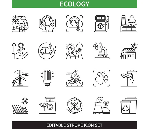 Edytowalna Linia Zestaw Ikon Ekologicznych Ekosystem Zakład Recyklingu Panele Słoneczne — Wektor stockowy