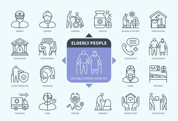 Editable Line Elderly People Outline Icon Set Park Walking Hearing — Stock Vector