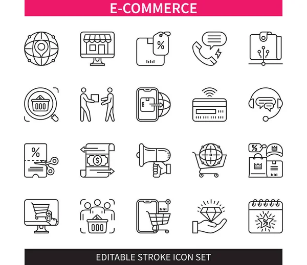 Editable Line Commerce Outline Icon Set Online Shop Transaction Delivery — 스톡 벡터