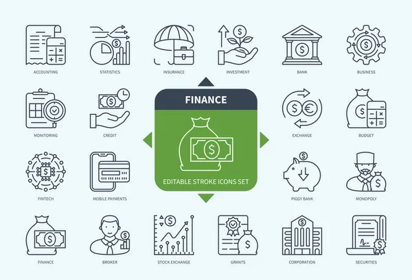 Editable Line Finance Outline Icon Set Securities Insurance Stock Exchange — Stock Vector