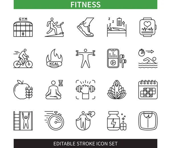 Editable Line Fitness Outline Icon Set Gym Yoga Jumping Ropes — Stock Vector